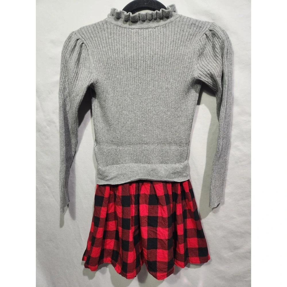 Gap Kids Red Black Buffalo Check Plaid Dress Ribbed Gray Sweater Medium‎ Holiday